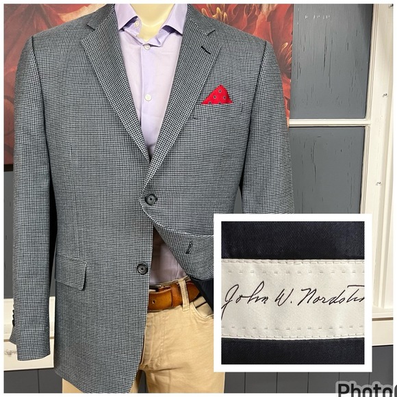 John W. Nordstrom Silk Wool Blazer Sport Jacket Mens 44R Light Blue/Navy/Black